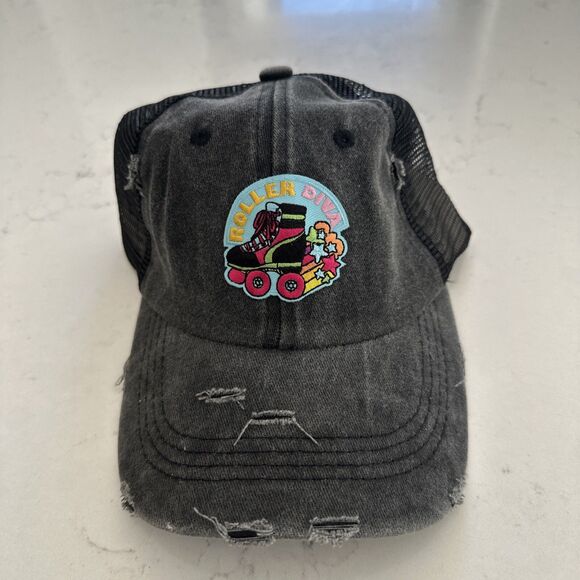Women’s Girls Black Denim Mesh Roller SkatingDiva Patch Trucker Hat Baseball Cap - Picture 1 of 4